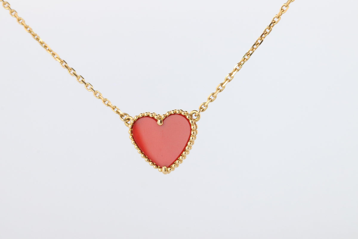 Van Cleef Arpels Lucky Alhambra Necklace. Genuine VCA 18k WG Carnelian Heart