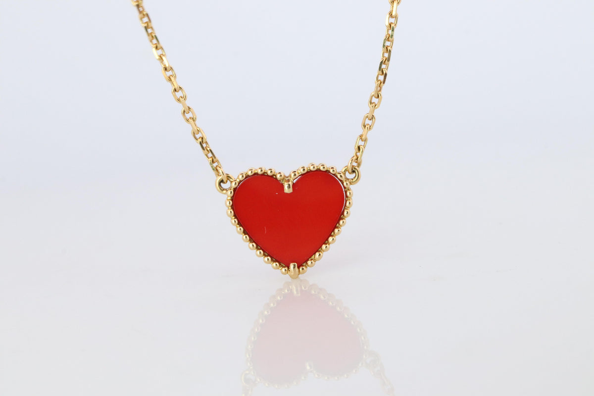 Van Cleef Arpels Lucky Alhambra Necklace. Genuine VCA 18k WG Carnelian Heart
