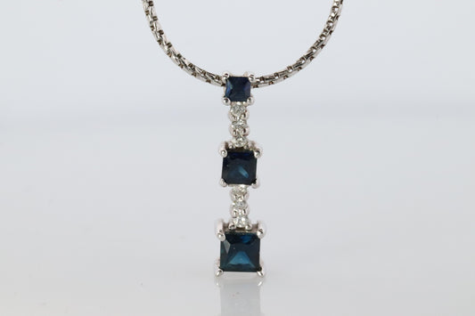 Blue Sapphire diamond Journey pendant. 14k Gold Princess Sapphires Necklace