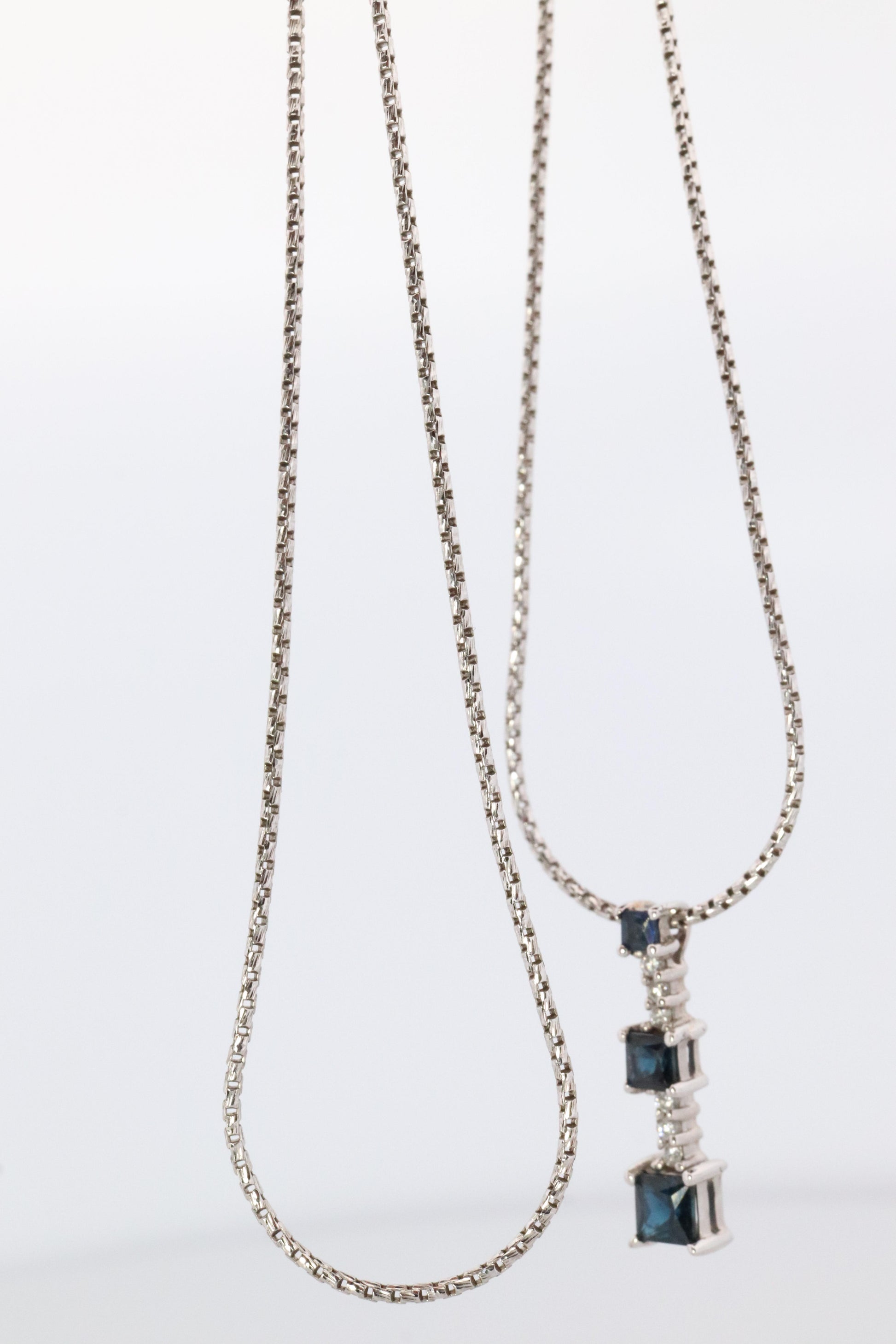 Blue Sapphire diamond Journey pendant. 14k Gold Princess Sapphires Necklace