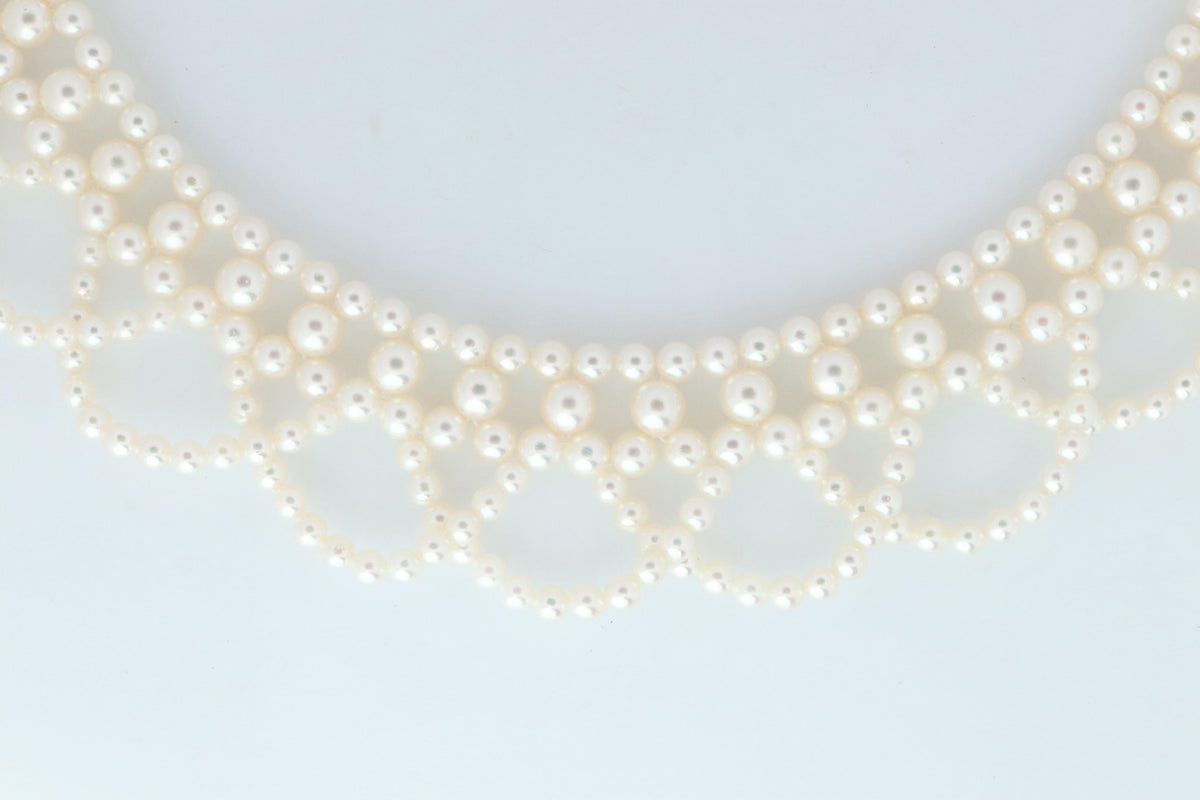 Tasaki Scalloped Bib Necklace. Vintage 14k Gold Tasaki Pearl Collar Necklace