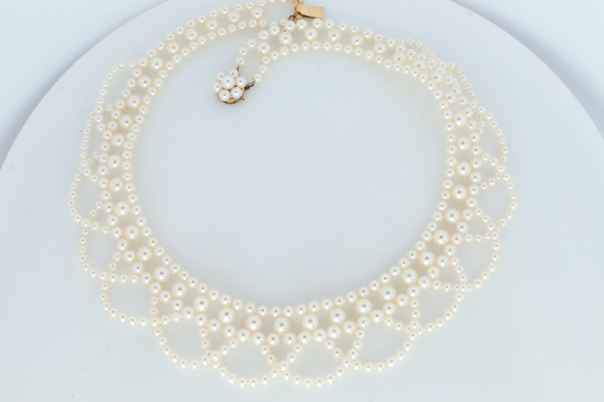 Tasaki Scalloped Bib Necklace. Vintage 14k Gold Tasaki Pearl Collar Necklace