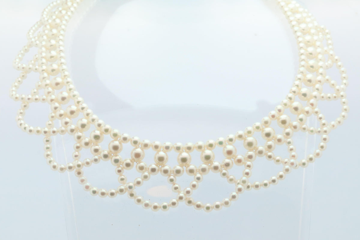 Tasaki Scalloped Bib Necklace. Vintage 14k Gold Tasaki Pearl Collar Necklace