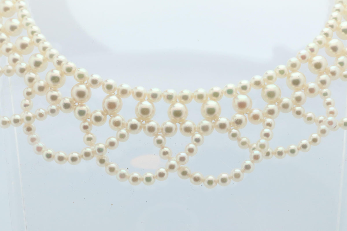 Tasaki Scalloped Bib Necklace. Vintage 14k Gold Tasaki Pearl Collar Necklace