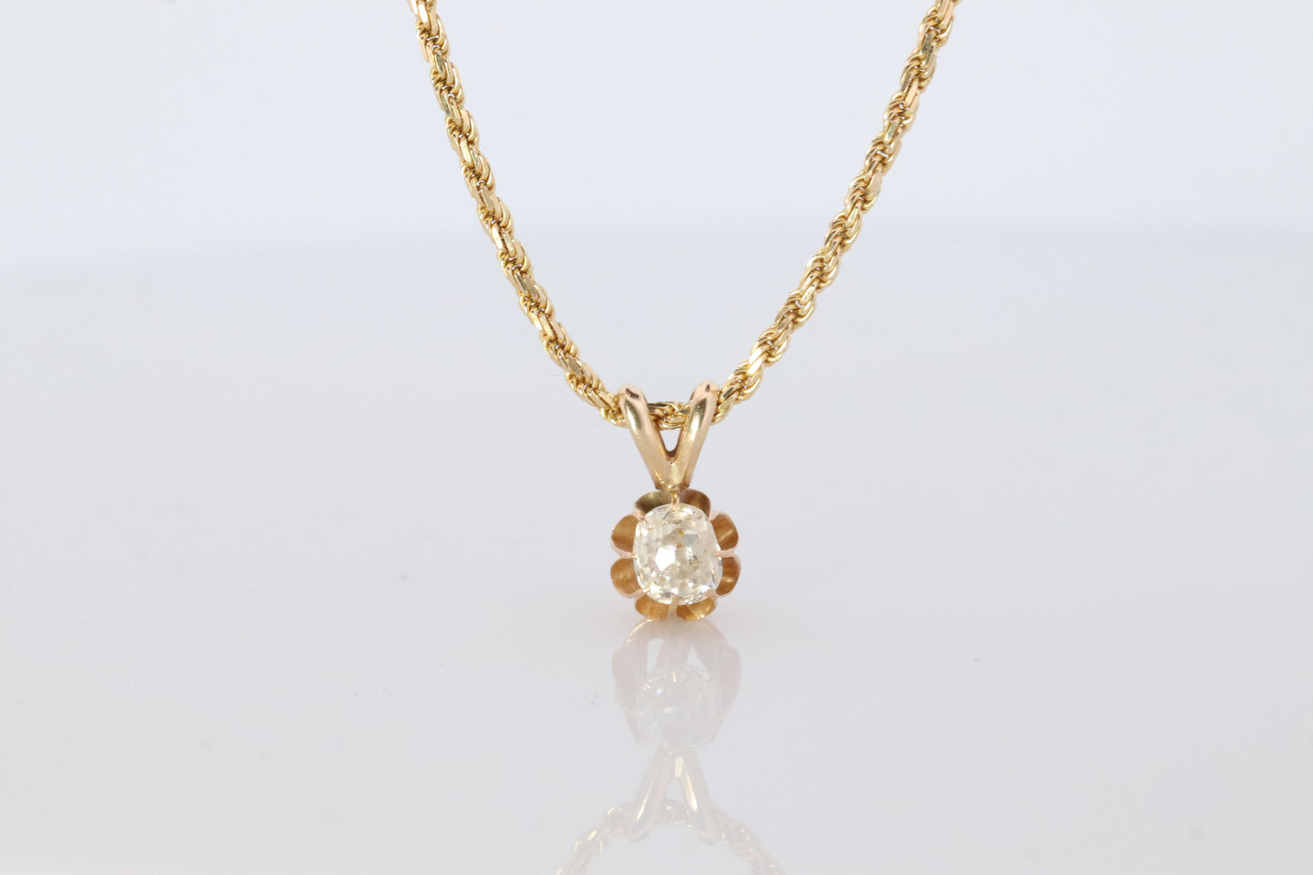 Antique Diamond solitaire pendant Buttercup setting. 14k Gold OLD Mine Diamond