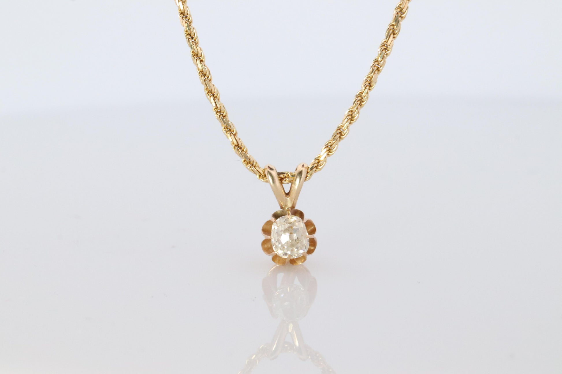 Antique Diamond solitaire pendant Buttercup setting. 14k Gold OLD Mine Diamond