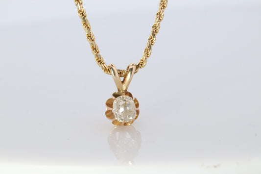 Antique Diamond solitaire pendant Buttercup setting. 14k Gold OLD Mine Diamond