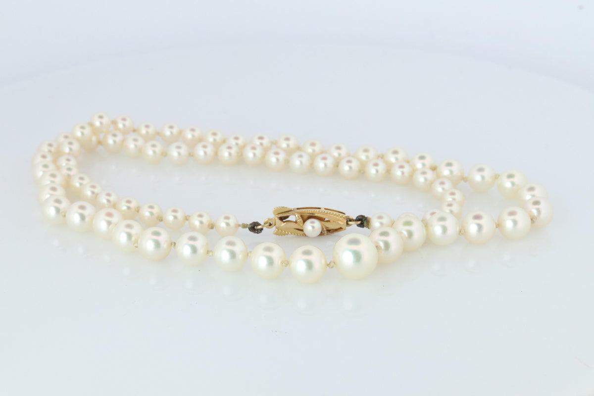 MIKIMOTO 14k Yellow Gold Pearl Necklace. Graduated Pearls Long Necklace.