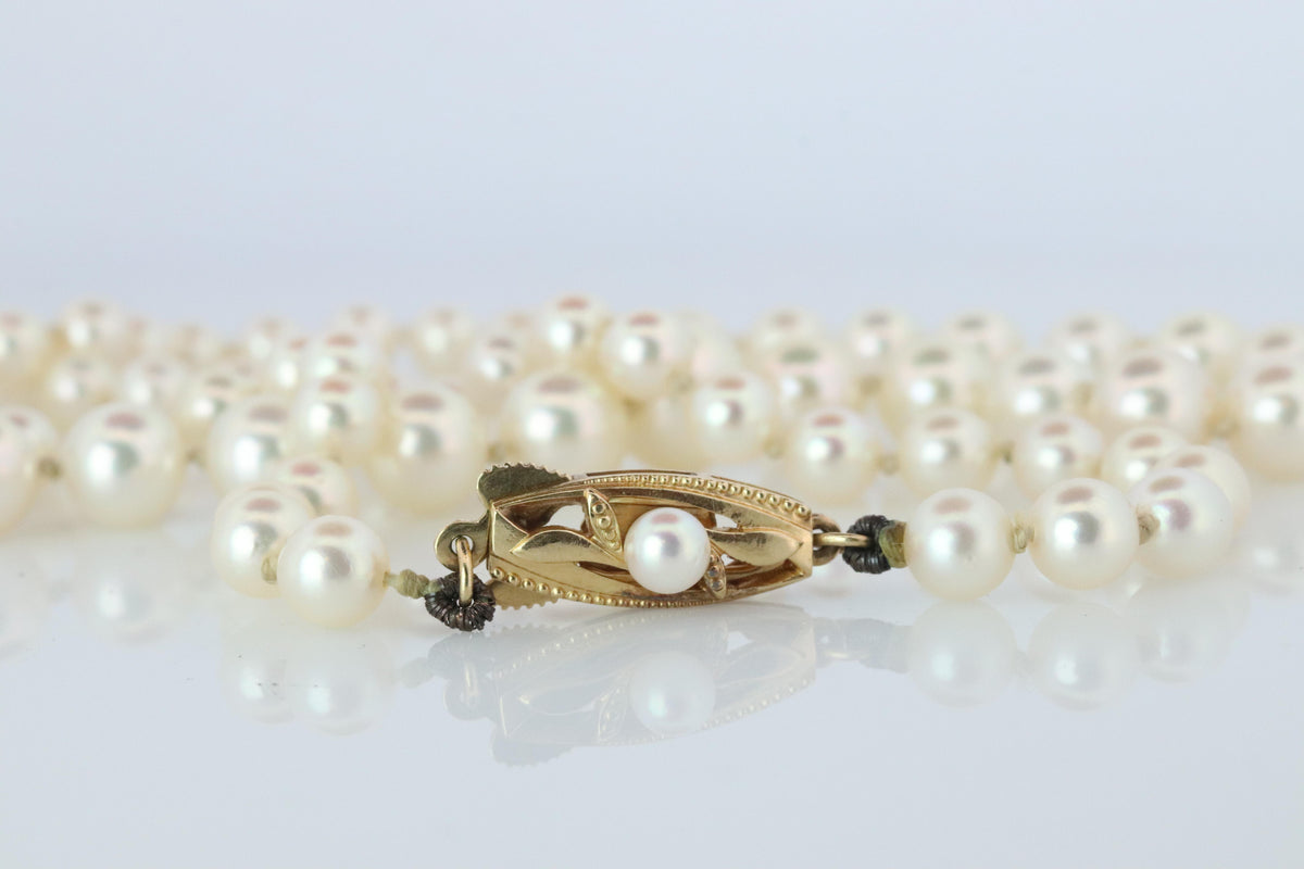 MIKIMOTO 14k Yellow Gold Pearl Necklace. Graduated Pearls Long Necklace.