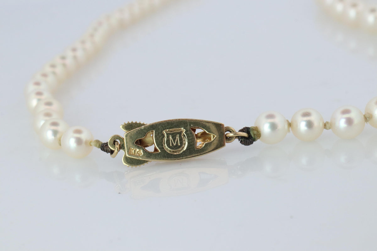 MIKIMOTO 14k Yellow Gold Pearl Necklace. Graduated Pearls Long Necklace.