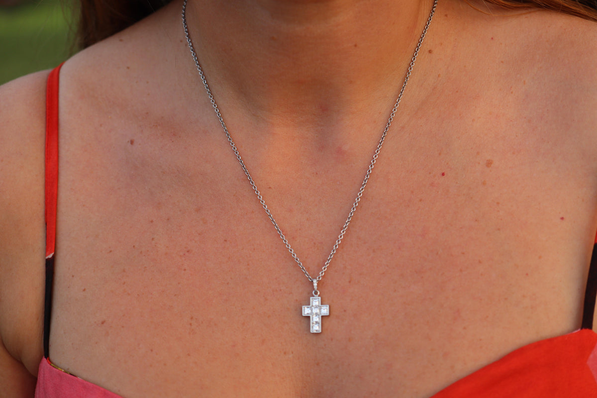 Genuine Cartier Cross Diamond Pendant 950 PT Diamond Illusion Charm Necklace