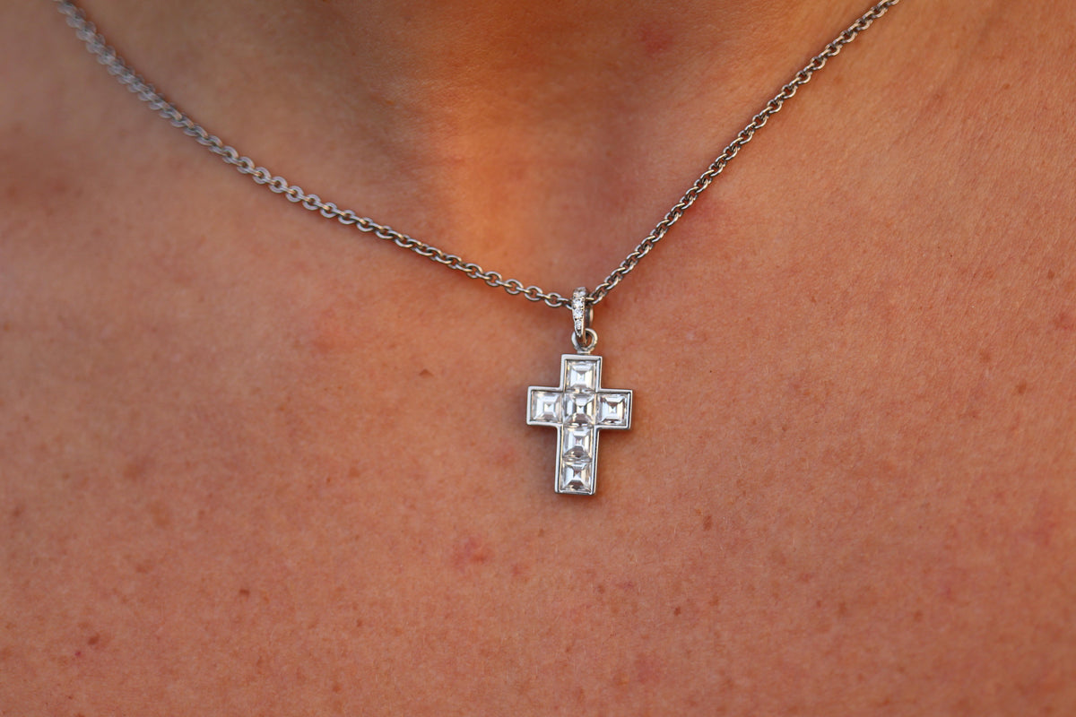 Genuine Cartier Cross Diamond Pendant 950 PT Diamond Illusion Charm Necklace