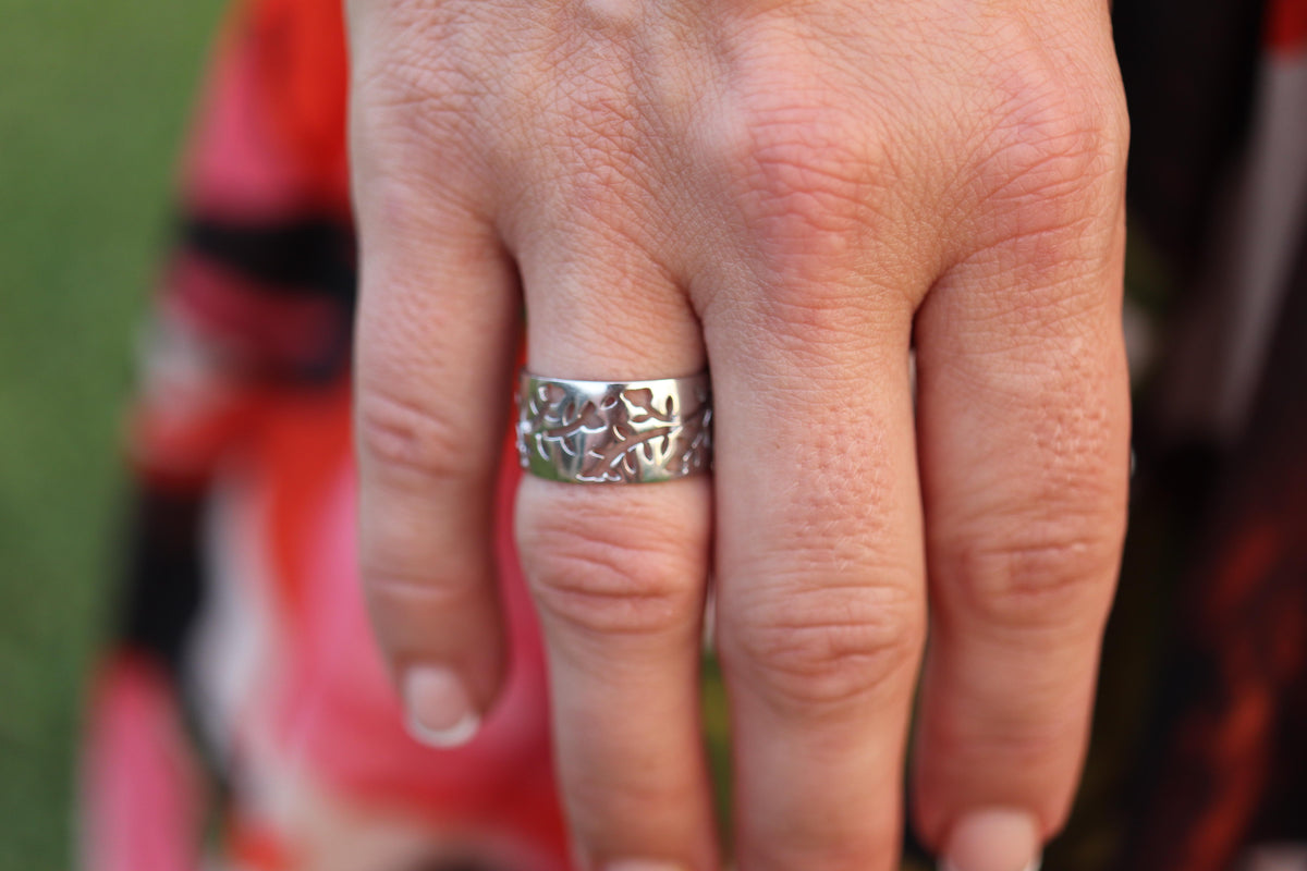 Mikimoto Wide Band. Platinum Mikimoto Intricate Floral Negative Stamped ring.