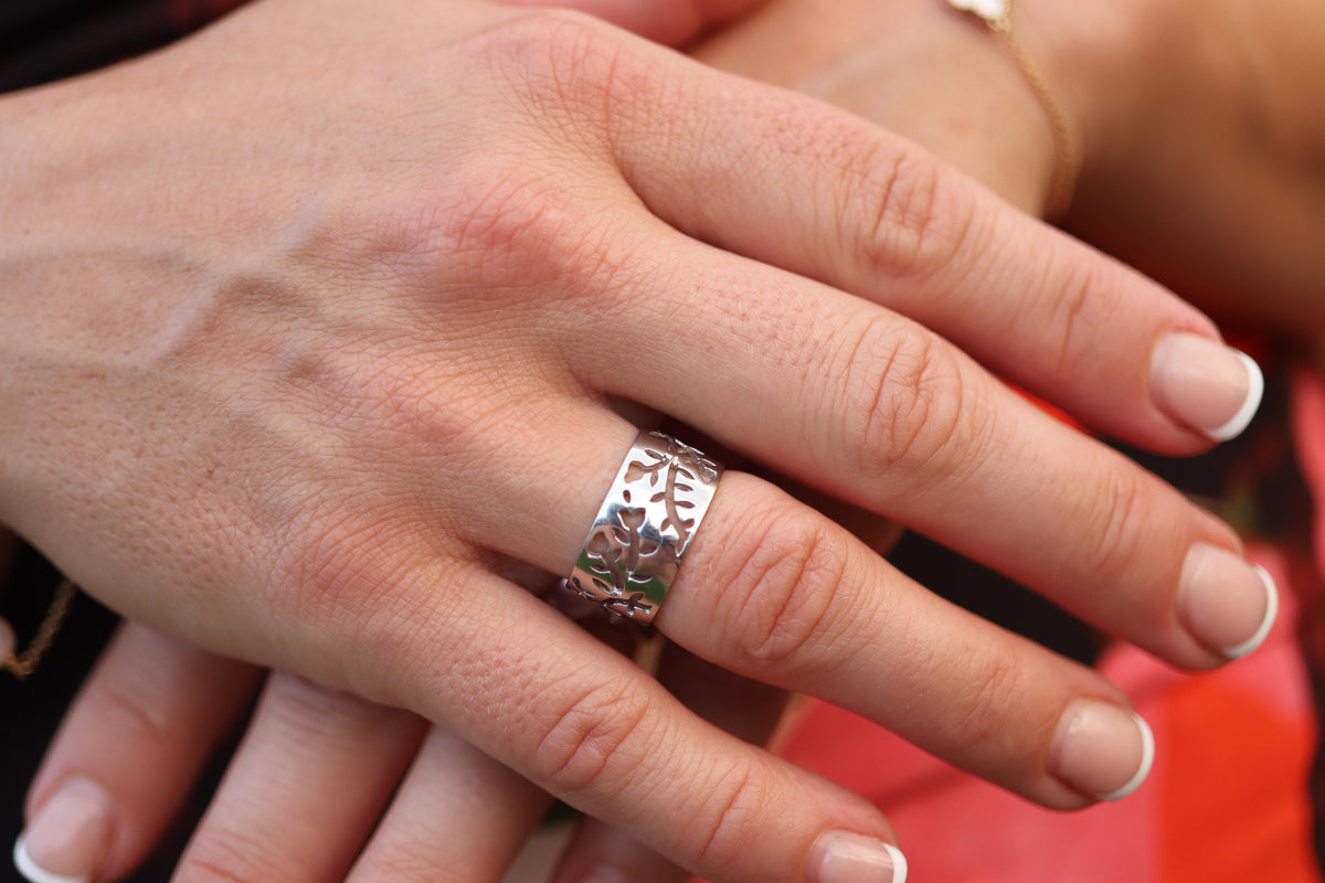 Mikimoto Wide Band. Platinum Mikimoto Intricate Floral Negative Stamped ring.
