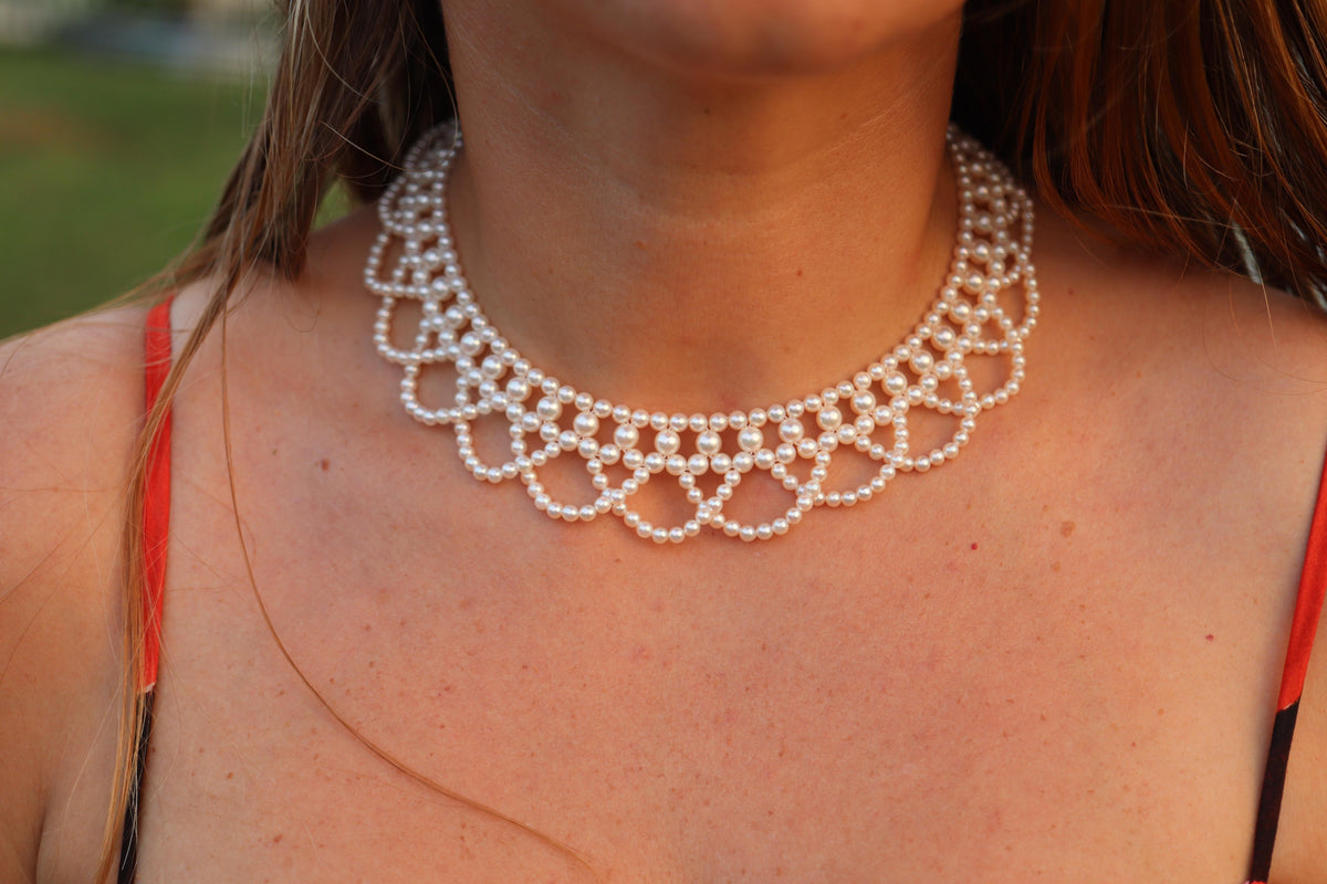 Tasaki Scalloped Bib Necklace. Vintage 14k Gold Tasaki Pearl Collar Necklace