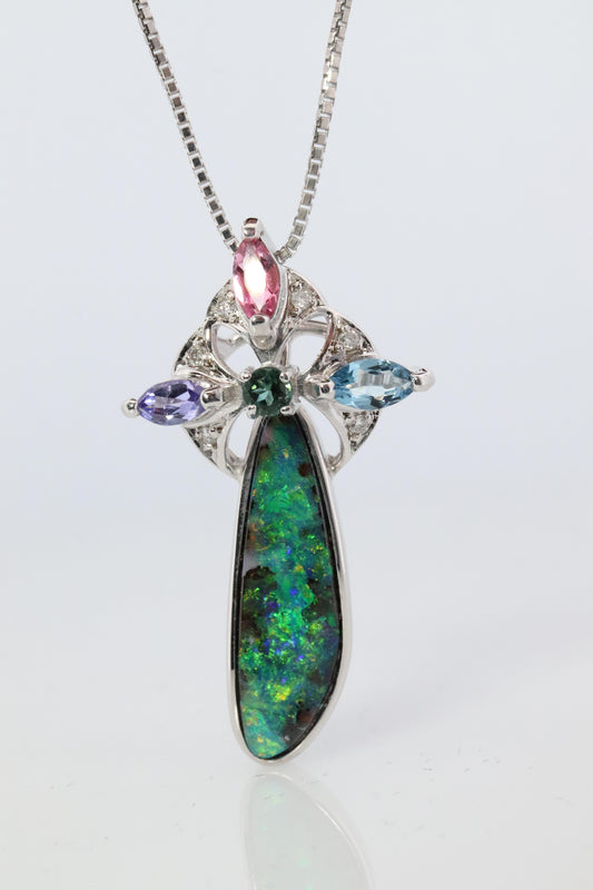 Boulder Opal Sapphire Pendant. 18k White Gold Opal Diamond Sapphire Necklace.