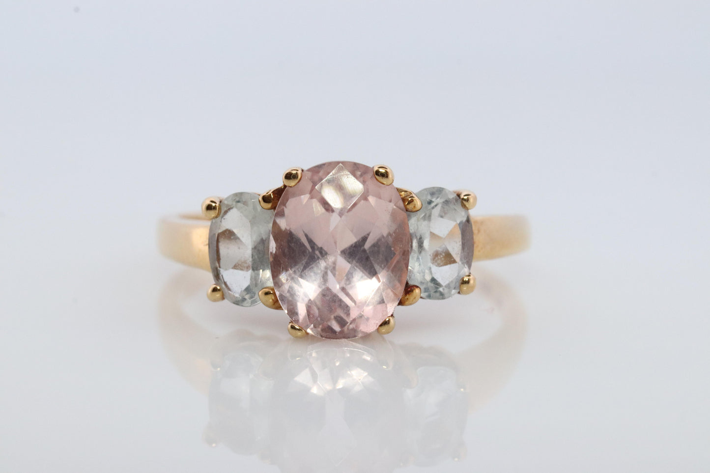 14k Morganite and Aquamarine Ring. Morganite Aqua trio Ring. 14k OTC Ring.