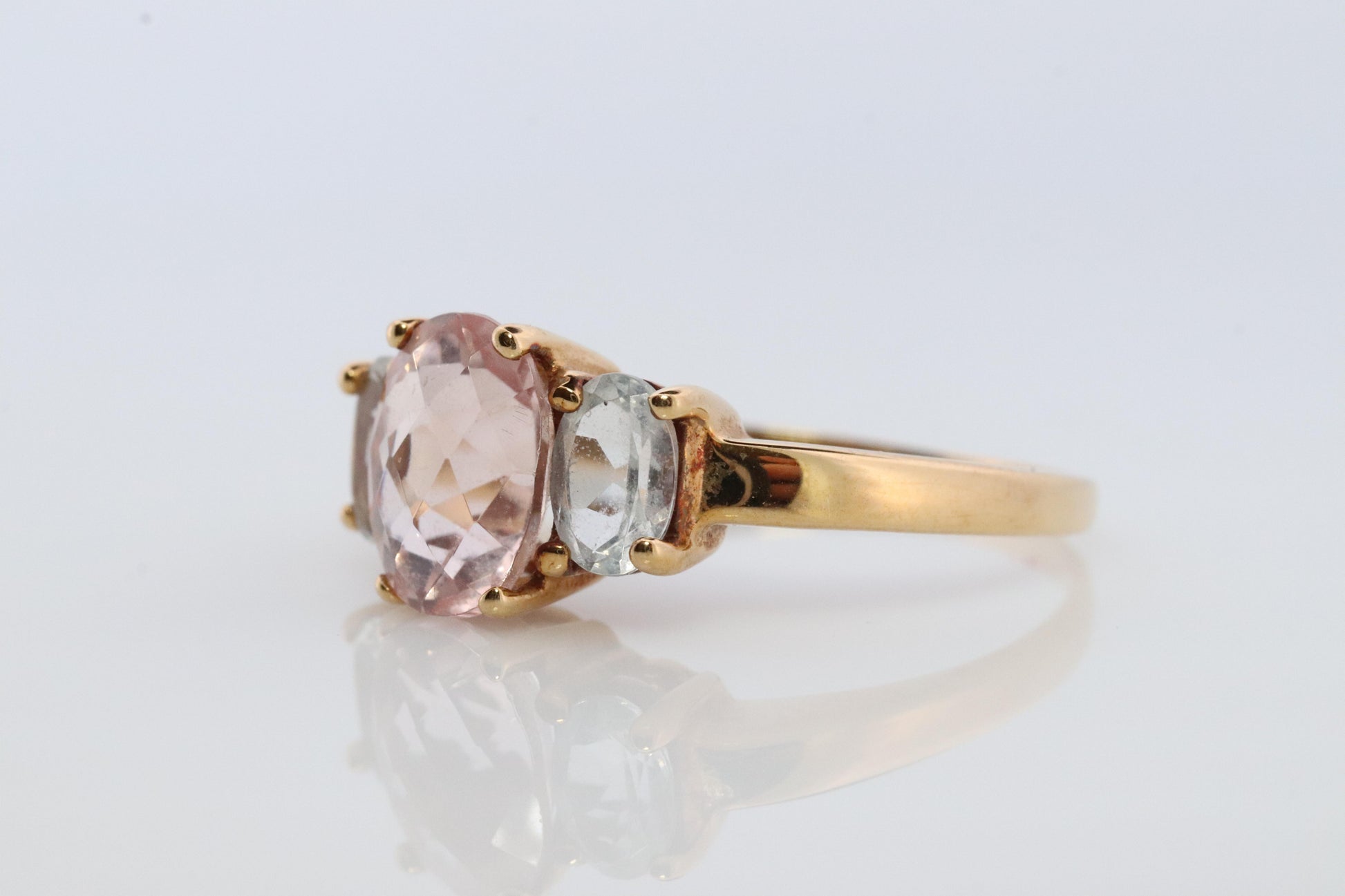 14k Morganite and Aquamarine Ring. Morganite Aqua trio Ring. 14k OTC Ring.