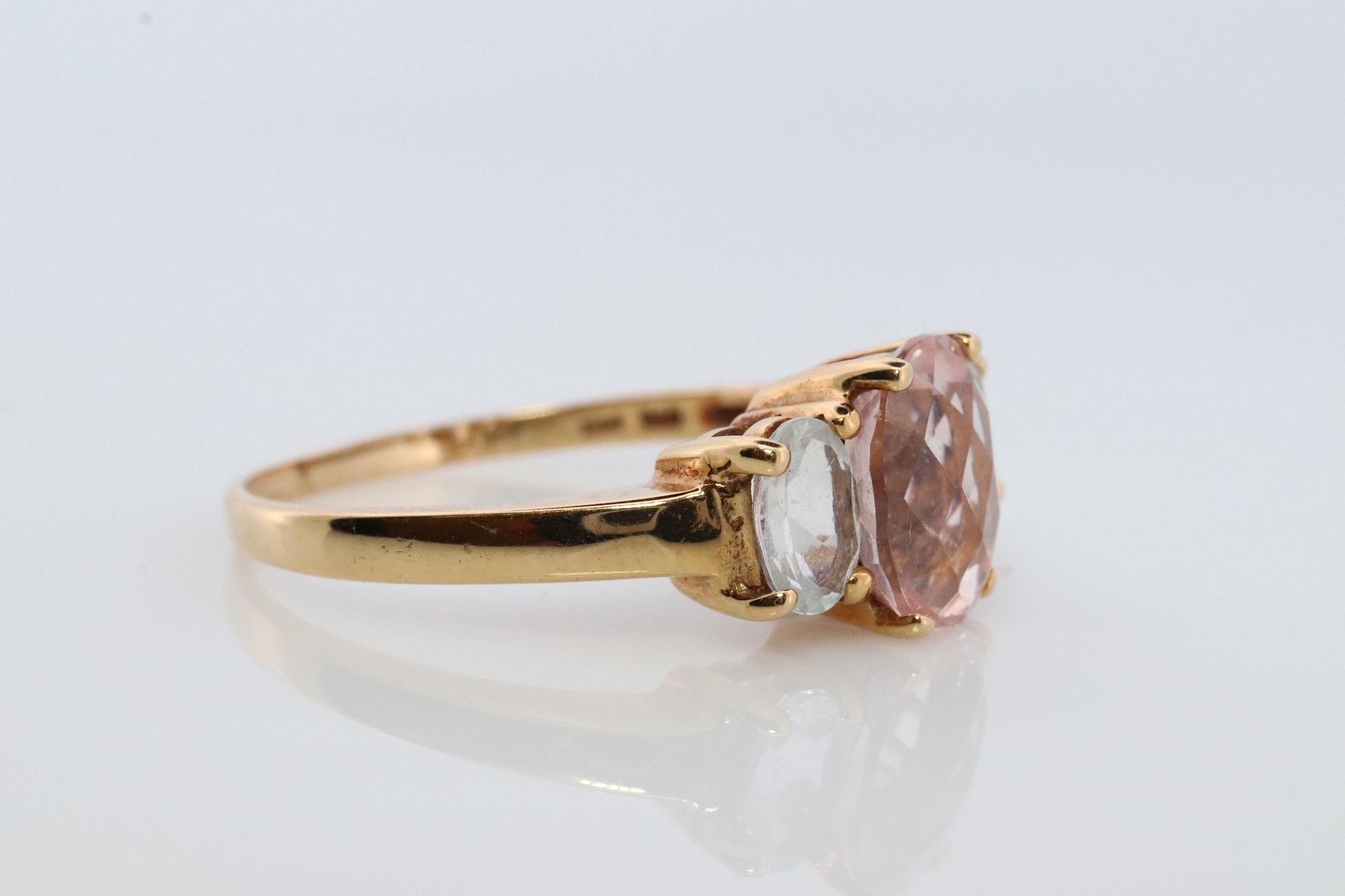 14k Morganite and Aquamarine Ring. Morganite Aqua trio Ring. 14k OTC Ring.