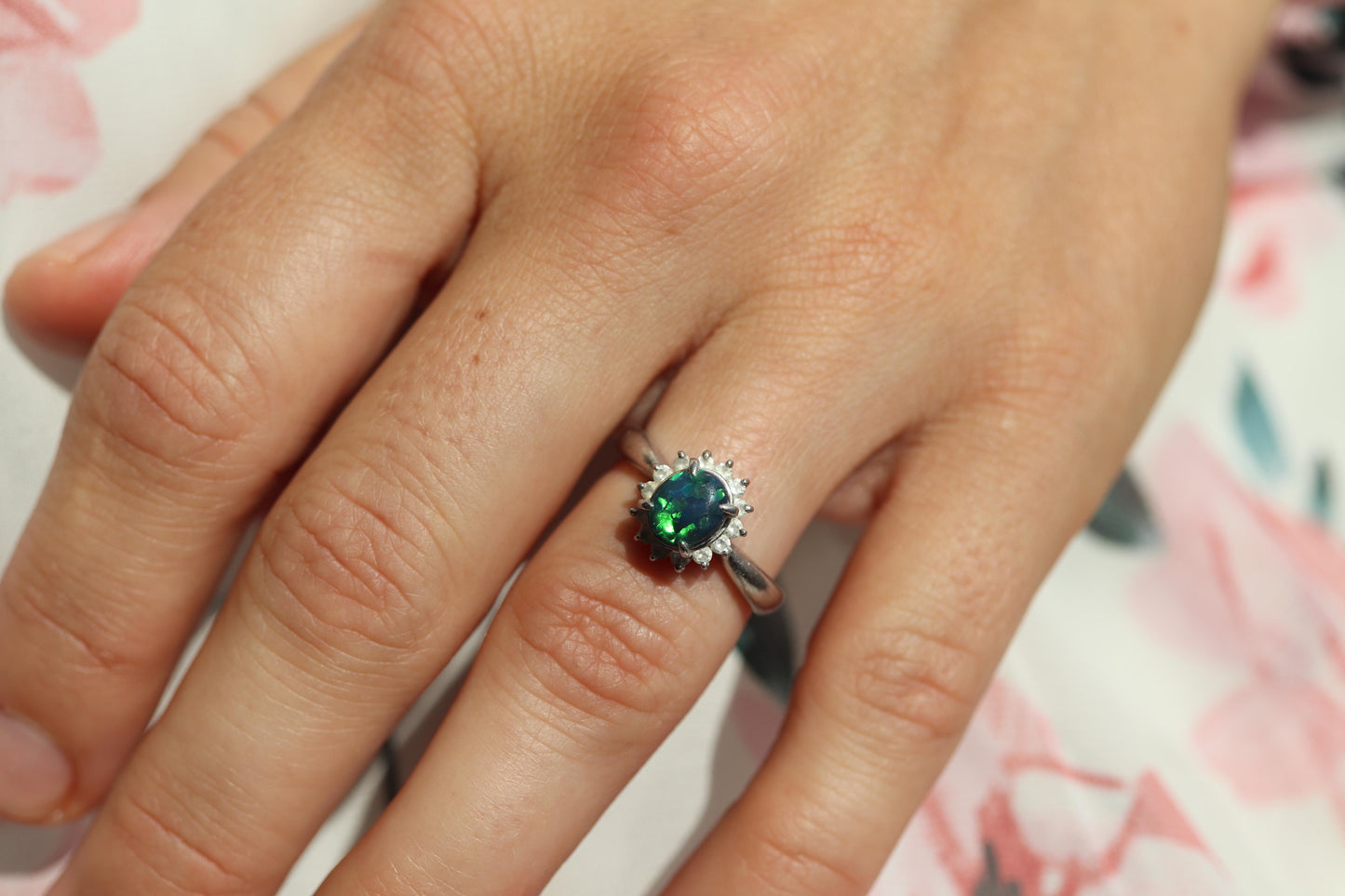 Black Opal Diamond Ring. PT900 Platinum Opal Diamond Halo Solitaire Ring Band.