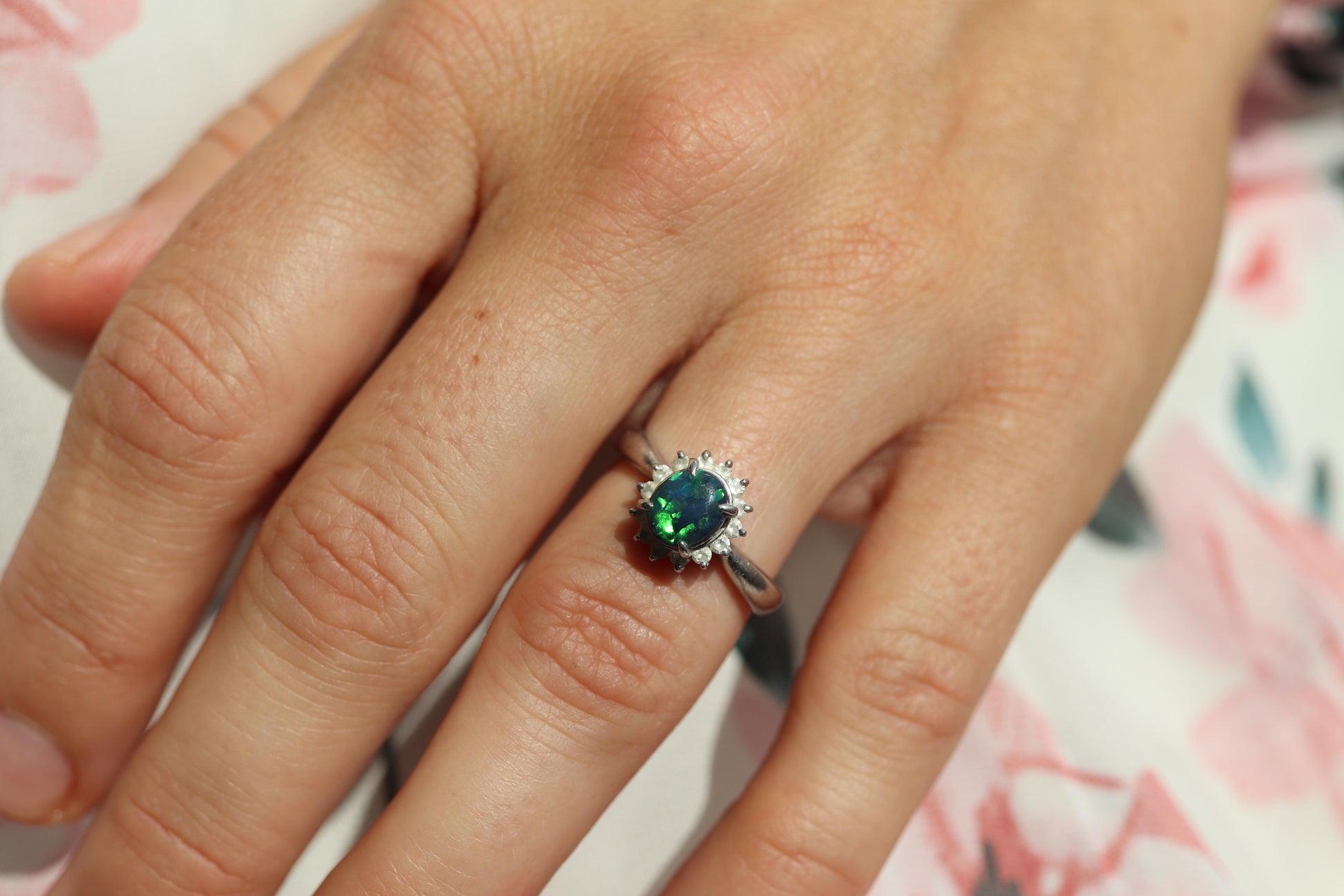 Black Opal Diamond Ring. PT900 Platinum Opal Diamond Halo Solitaire Ring Band.