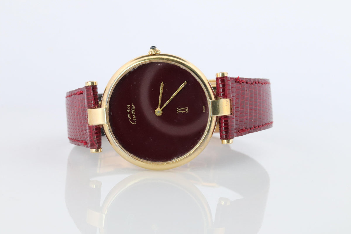 Cartier Watch. Must de Cartier Bordeaux Burgundy Dial Vendome Round Argent 30mm.