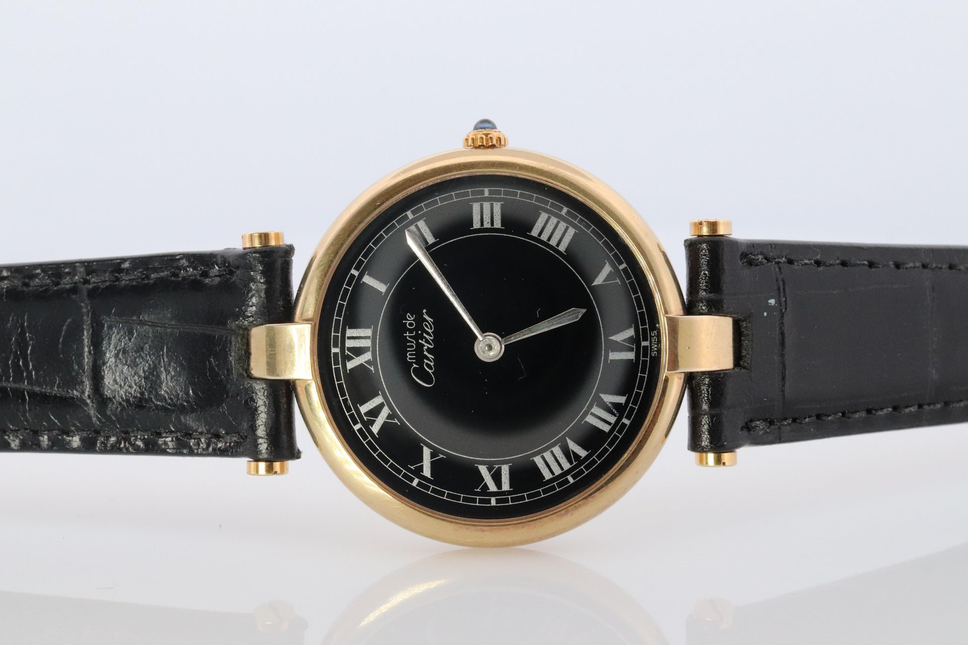 Cartier Watch. Must de Cartier BLACK Vendome Round Argent Vermeil 30mm Dial.