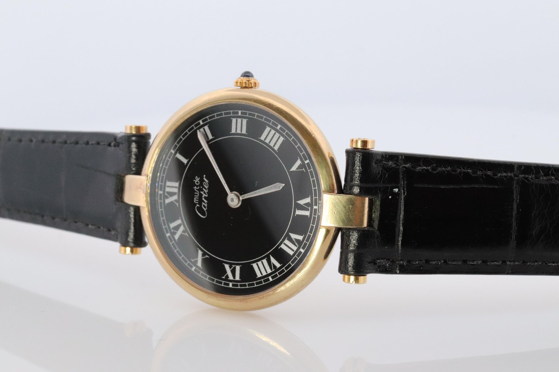 Cartier Watch. Must de Cartier BLACK Vendome Round Argent Vermeil 30mm Dial.