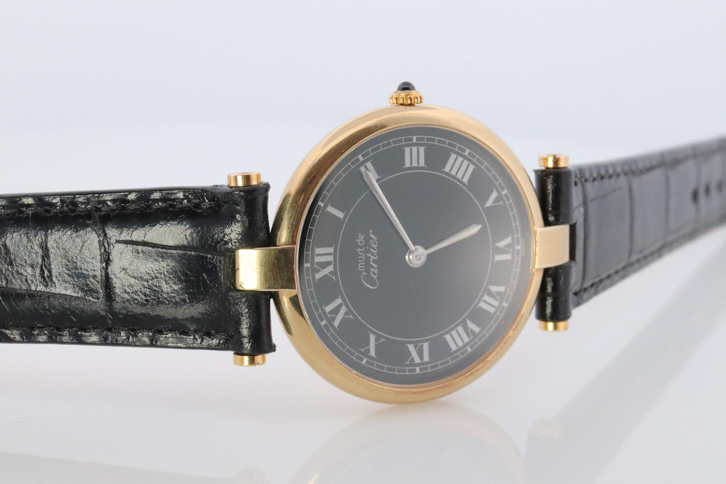 Cartier Watch. Must de Cartier BLACK Vendome Round Argent Vermeil 30mm Dial.