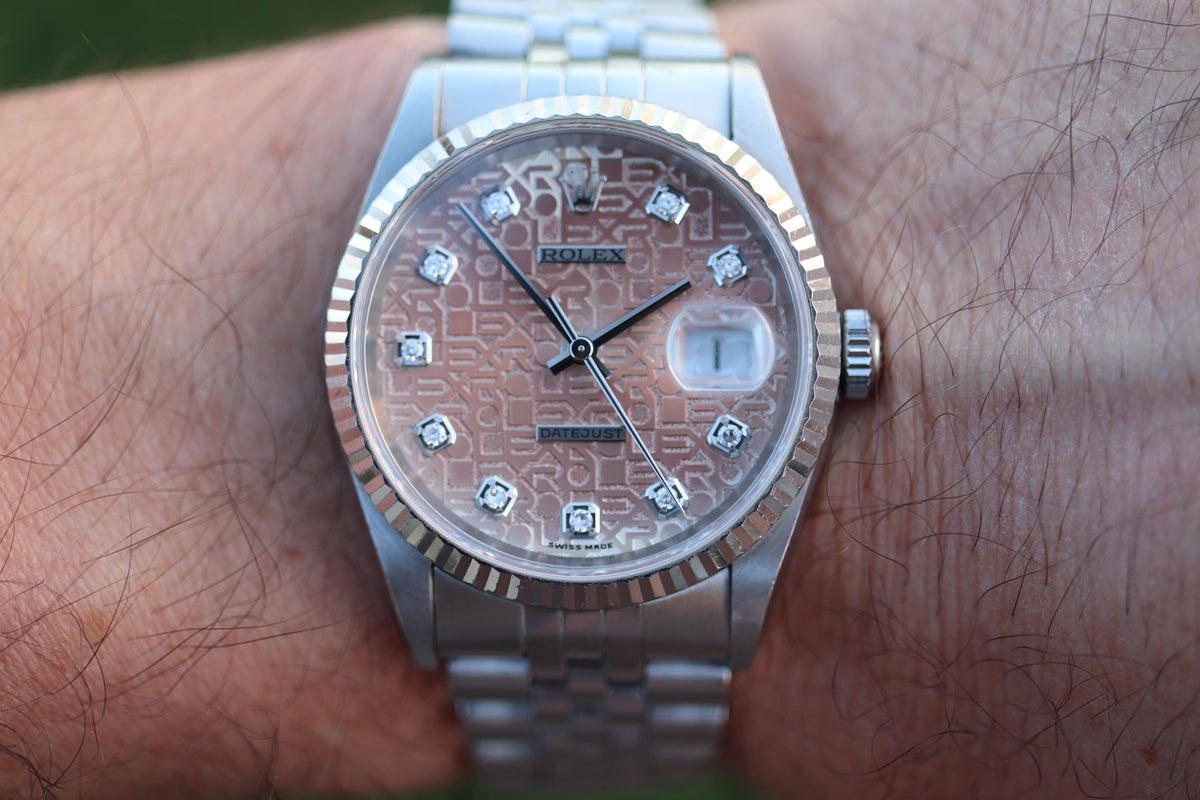 Genuine Rolex 16234G Watch. Rolex Oyster DateJust Tropical Jubilee Diamond Dial.
