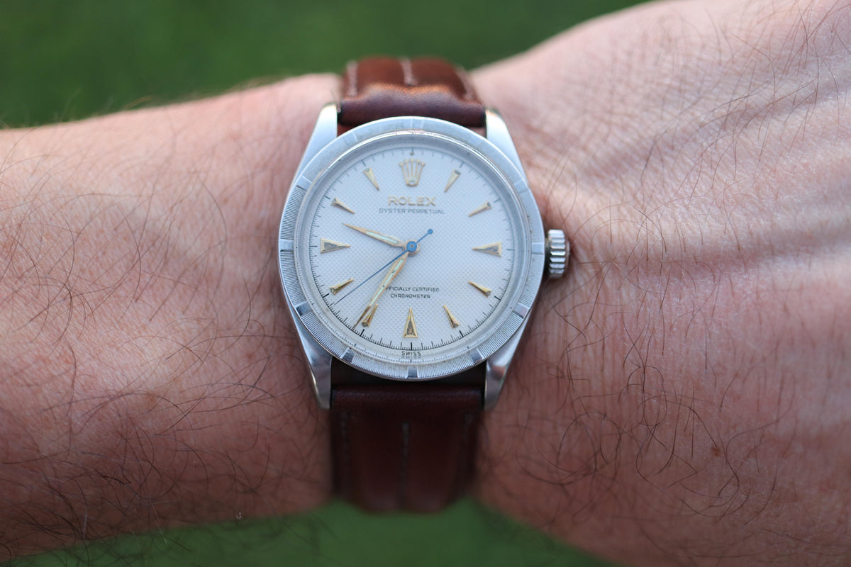 Genuine Rolex 6303 Watch. Rolex Oyster Perpetual Bubbleback Engine Turned Bezel