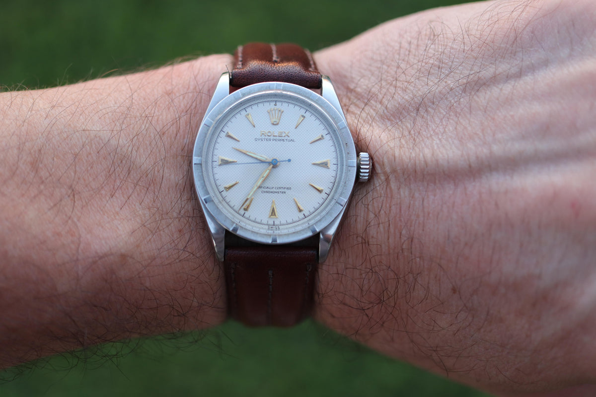 Genuine Rolex 6303 Watch. Rolex Oyster Perpetual Bubbleback Engine Turned Bezel