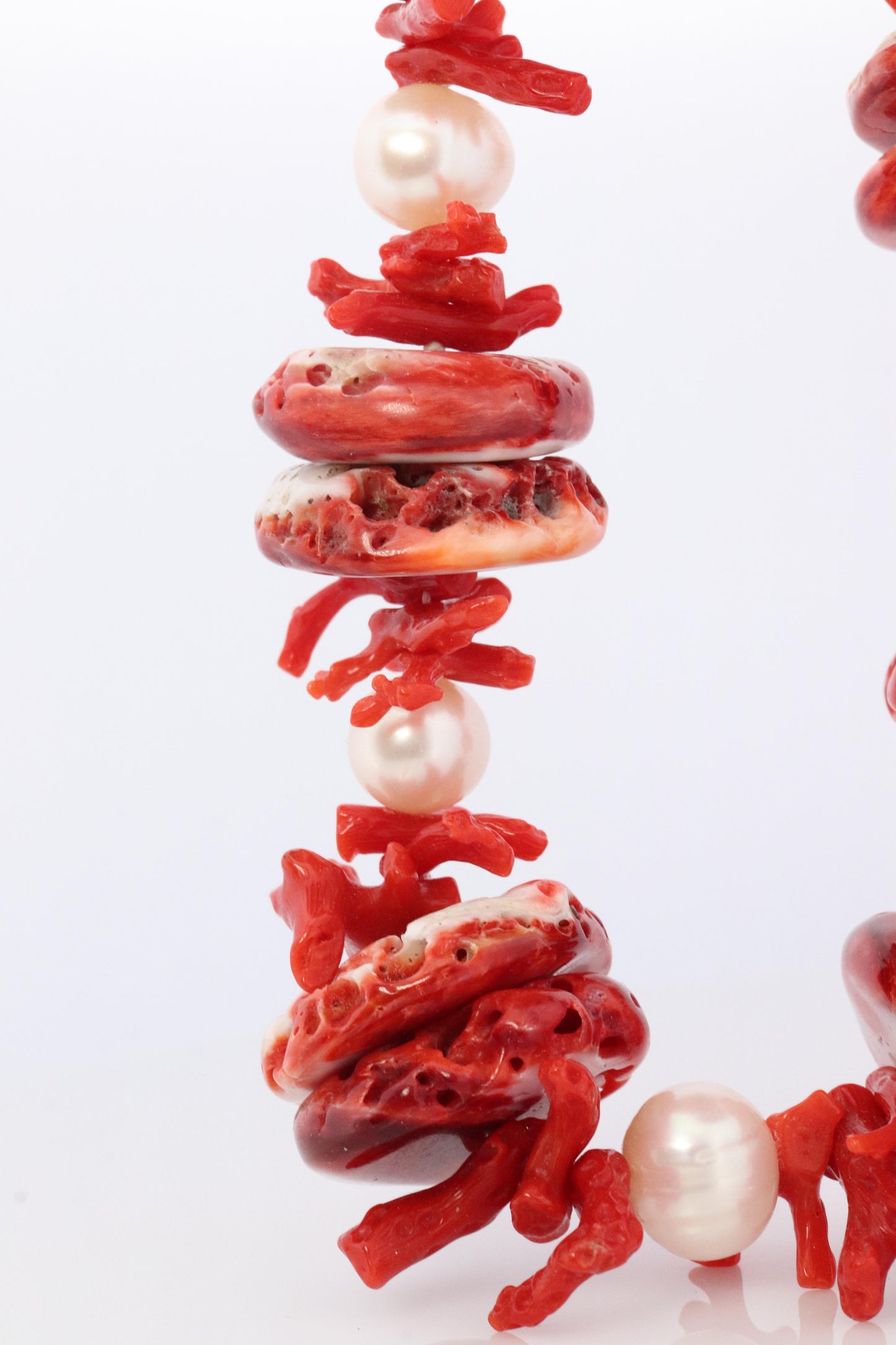 Sterling Silver RAW Coral, coral branches and Pearl Necklace