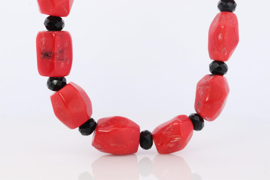 Sterling Silver RAW Coral and Onyx Bead Necklace