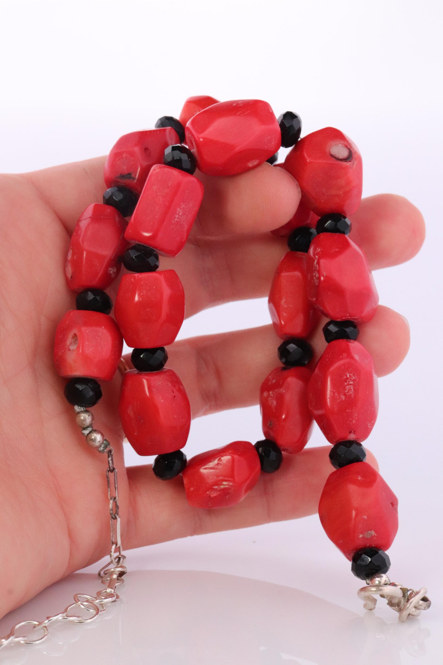 Sterling Silver RAW Coral and Onyx Bead Necklace