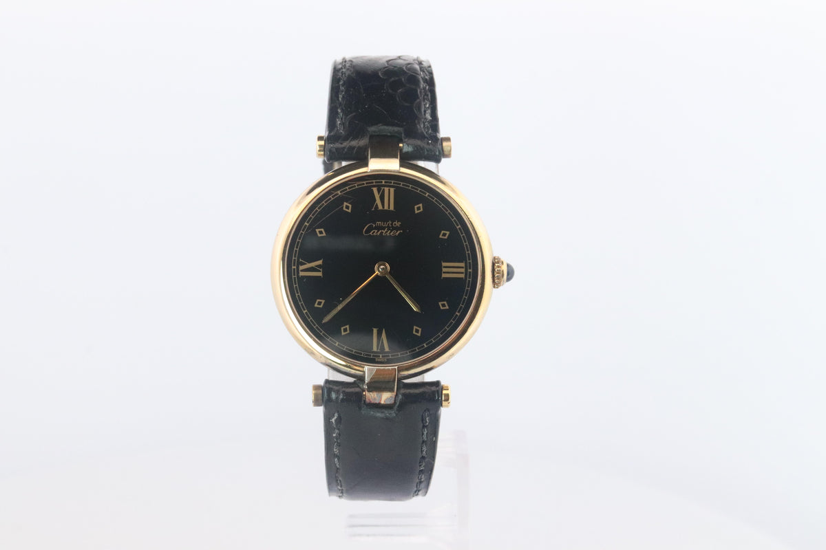 Cartier Watch. Must de Cartier BLACK Vendome Round Argent Vermeil 30mm Dial.