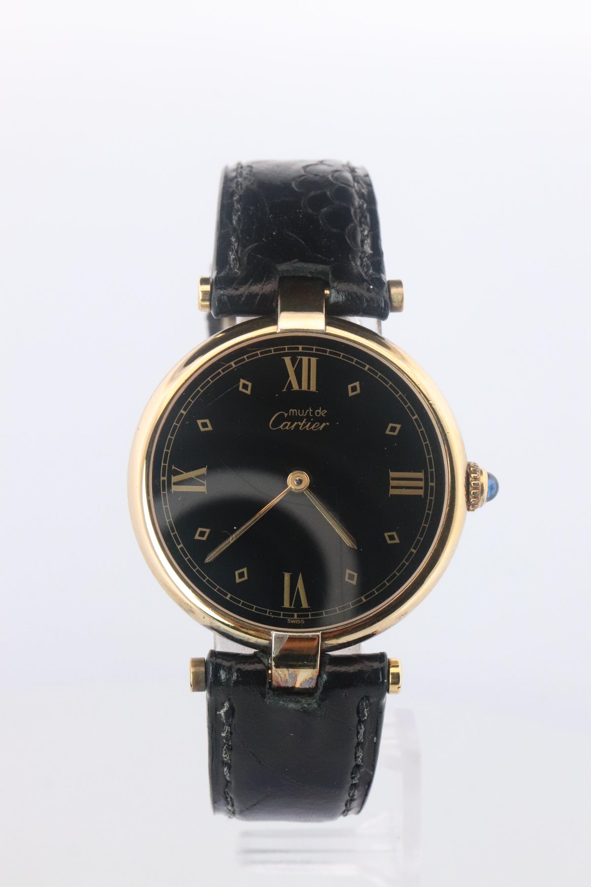 Cartier Watch. Must de Cartier BLACK Vendome Round Argent Vermeil 30mm Dial.