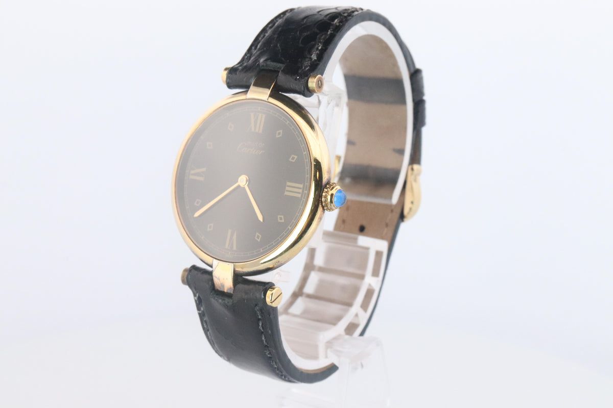Cartier Watch. Must de Cartier BLACK Vendome Round Argent Vermeil 30mm Dial.