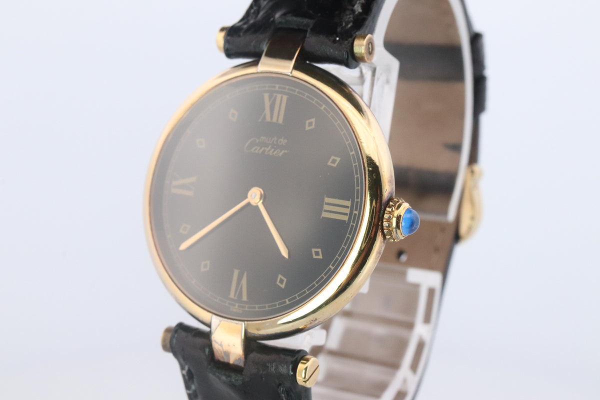 Cartier Watch. Must de Cartier BLACK Vendome Round Argent Vermeil 30mm Dial.