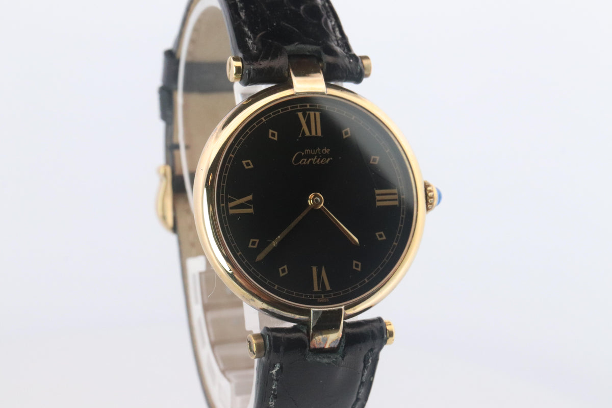 Cartier Watch. Must de Cartier BLACK Vendome Round Argent Vermeil 30mm Dial.
