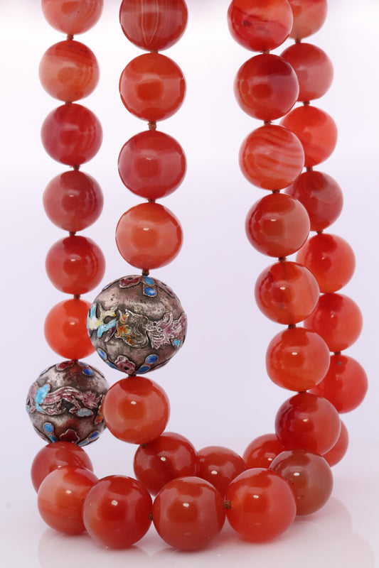 Chunky Chalcedony Necklace. Sterling Silver. Orange Translucent. Double strand.