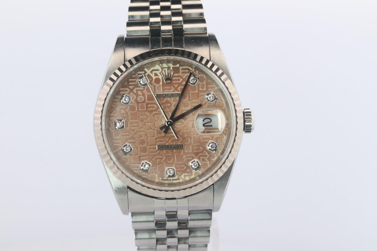 Genuine Rolex 16234G Watch. Rolex Oyster DateJust Tropical Jubilee Diamond Dial.