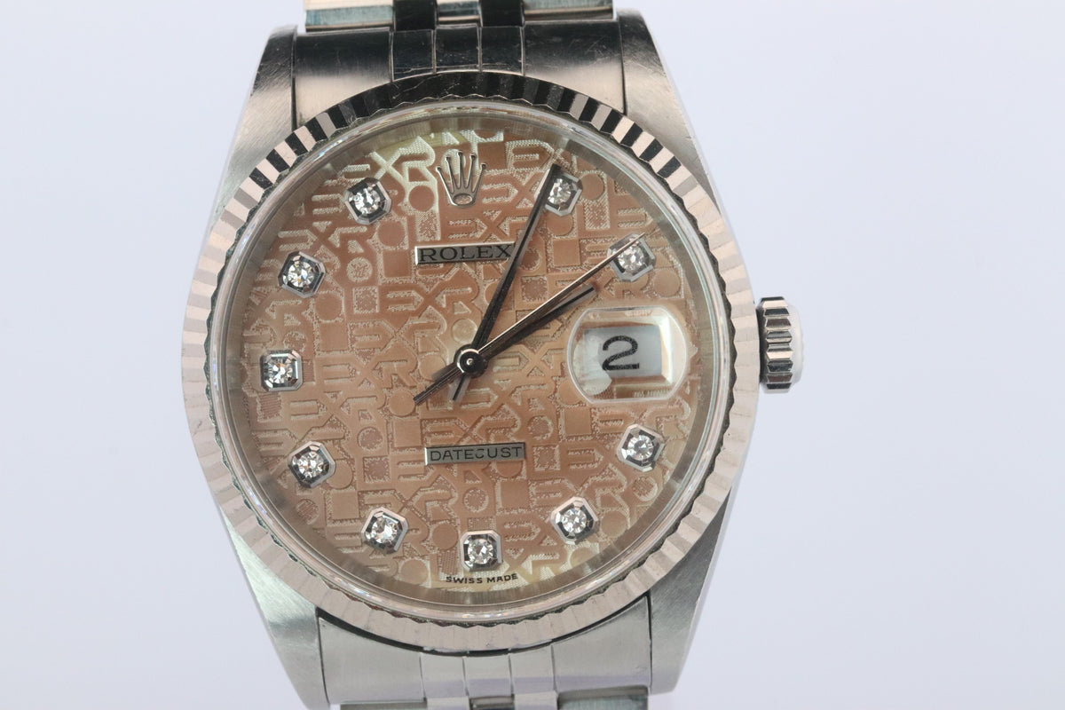 Genuine Rolex 16234G Watch. Rolex Oyster DateJust Tropical Jubilee Diamond Dial.