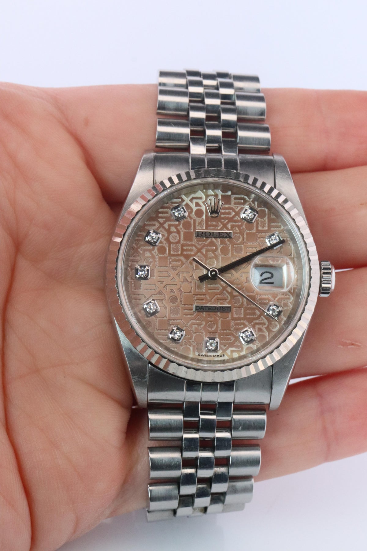 Genuine Rolex 16234G Watch. Rolex Oyster DateJust Tropical Jubilee Diamond Dial.
