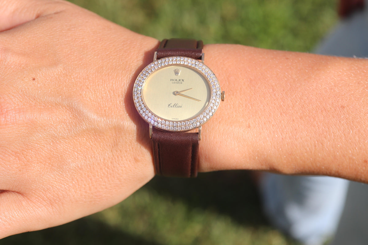 Genuine 18k Rolex Watch. 18k YG Rolex CELLINI 4083 Diamond Bezel.