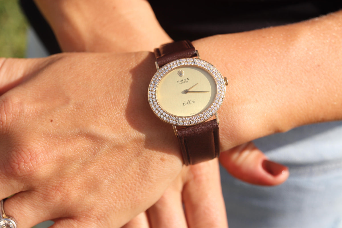 Genuine 18k Rolex Watch. 18k YG Rolex CELLINI 4083 Diamond Bezel.