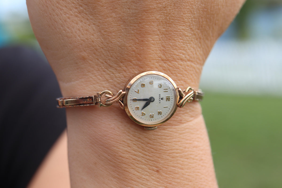 Vintage Rolex Womens Cocktail Watch. 9k Rose Gold Manual Windup.