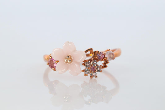 10k Multi-Color Gem Ring. 10k Rose Gold Shell Blooming Flower and leaves ring.