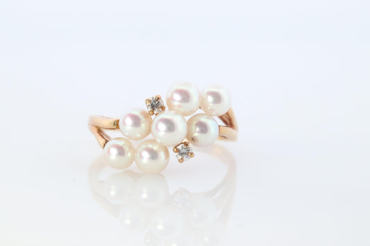 Mikimoto Ring. Vintage 18k Gold Mikimoto Pearl and Diamond Cluster. Vines Grapes