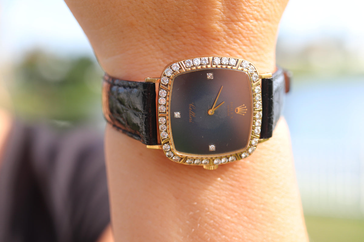 Genuine 18k Rolex Watch. 18k YG Rolex CELLINI 4084 Diamond Bezel.